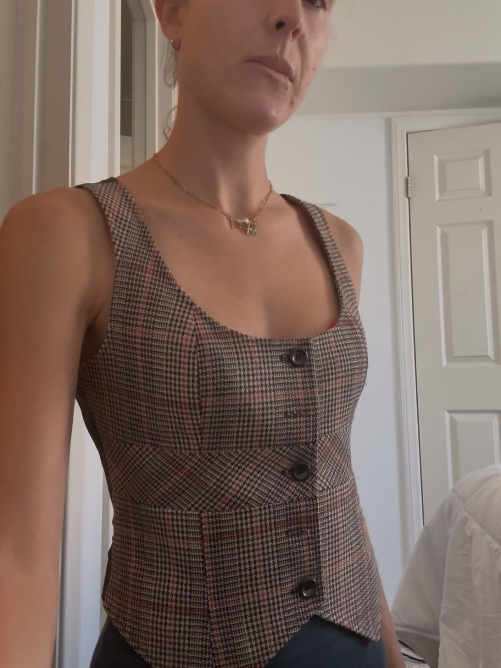 New York & Company Brown Plaid Button-Front Vest